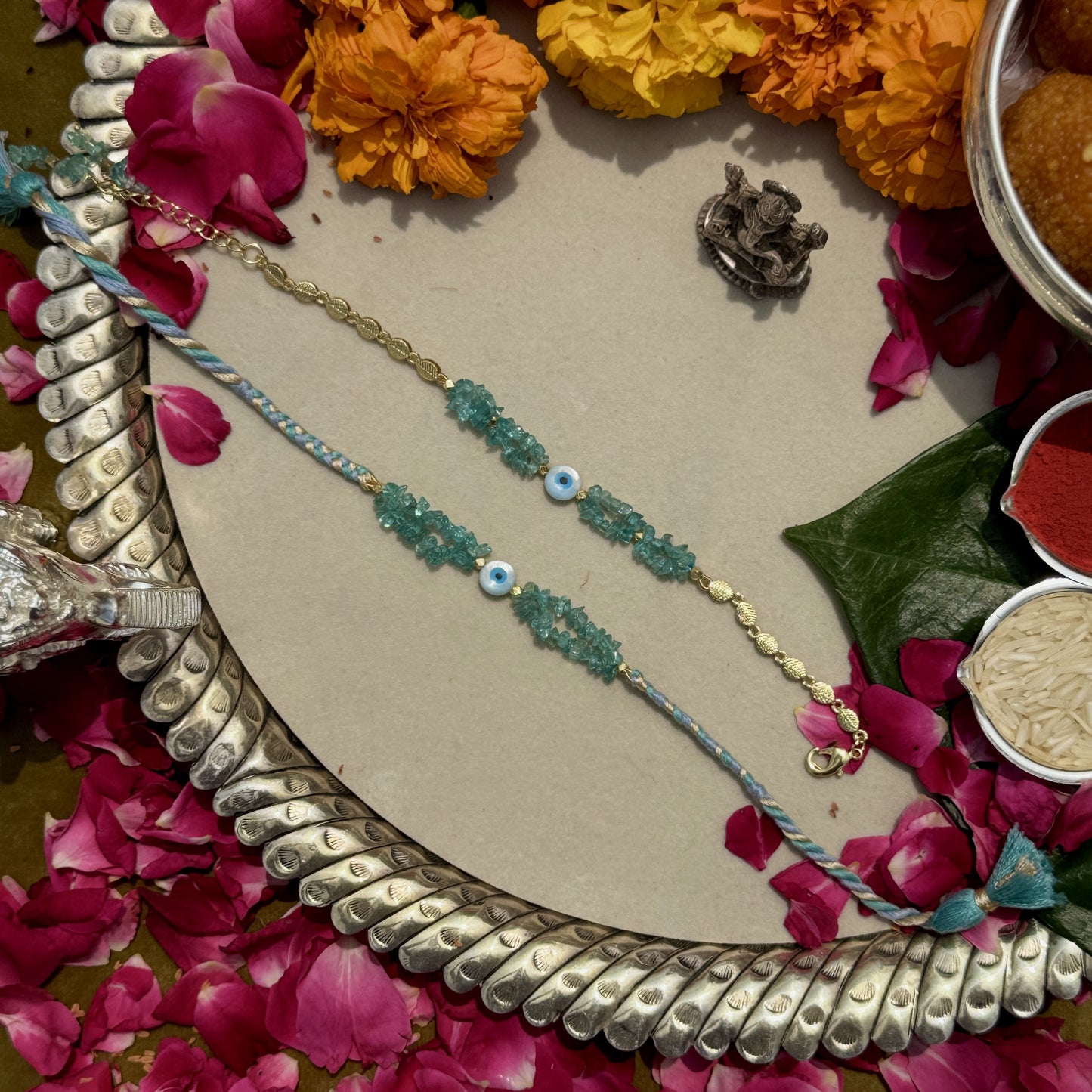 Natural Evil Eye & Apatite Rakhi Pair