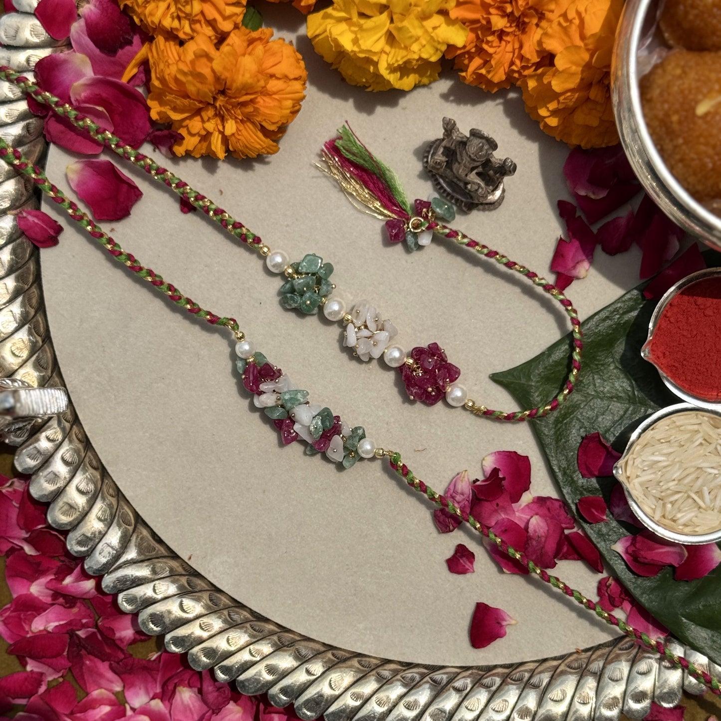 Green Jade, Red Aventurine, White Moonstone & Signity Pearls Rakhi Pair