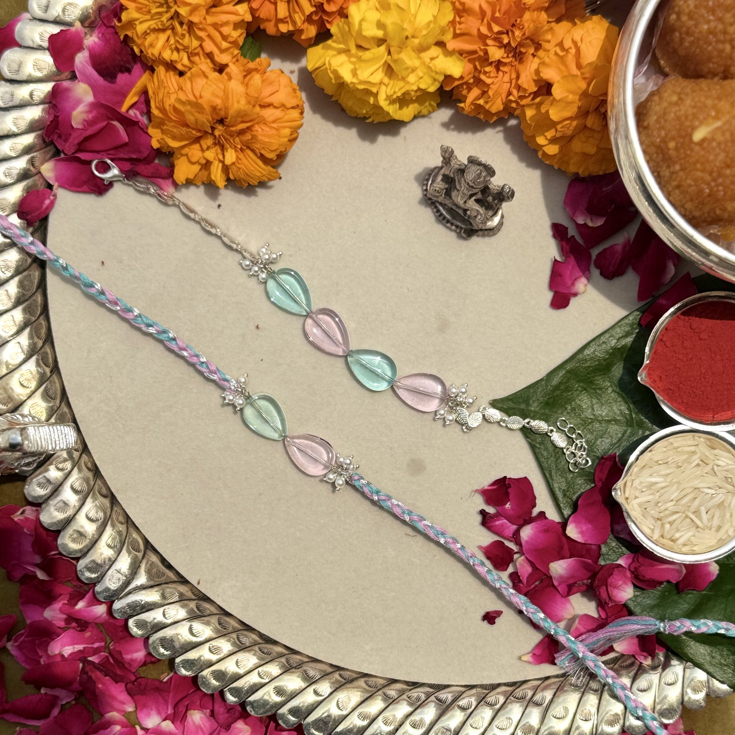 Signity Pearl, Blue & Yellow Quartz Rakhi Pair