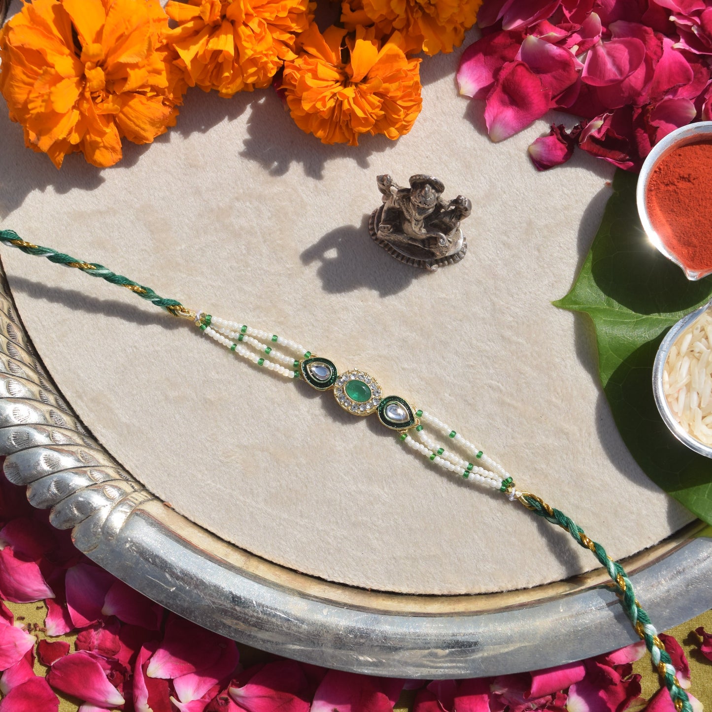 Green Aventurine & Signity Pearls Kundan Rakhi for Brother
