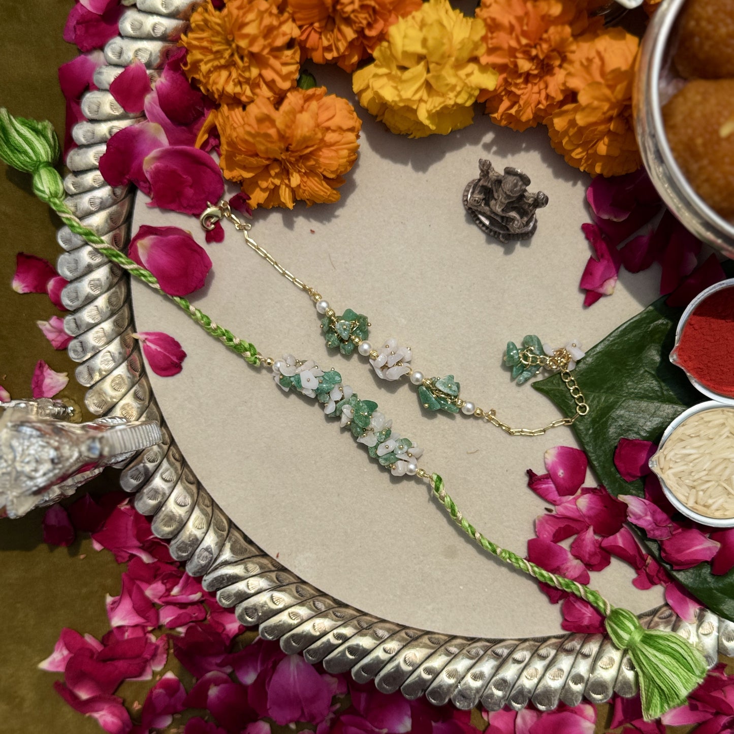 Green Jade, White Moonstone & Signity Pearls Rakhi Pair
