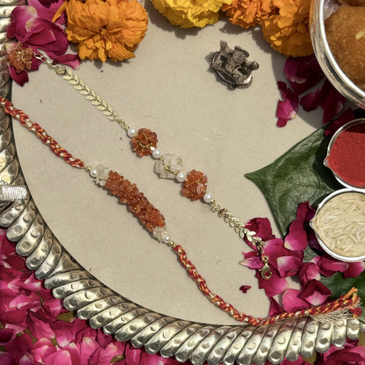 Carnelian, White Moonstone & Signity Pearls Rakhi Pair