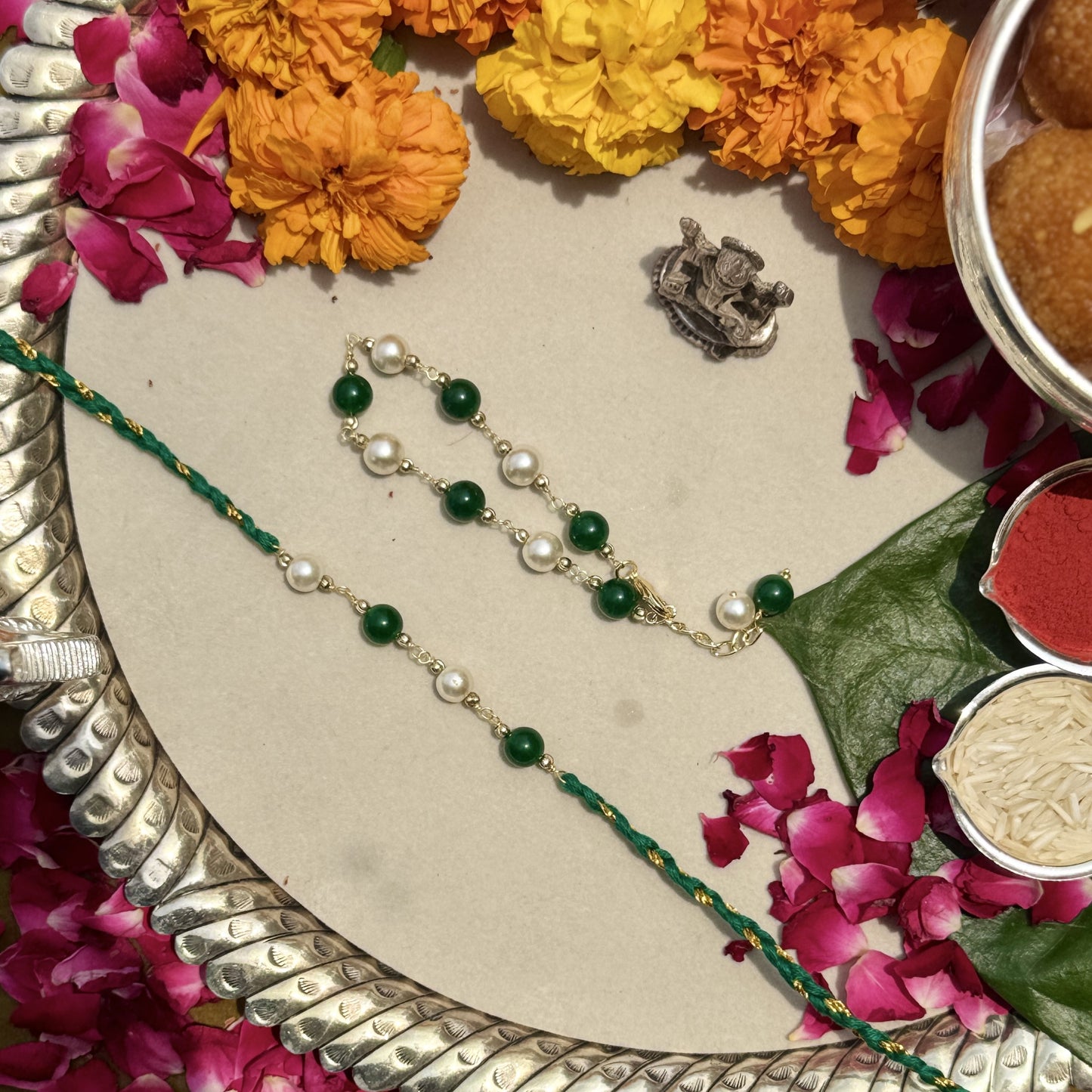 Green Onyx & Signity Pearls Rakhi Pair