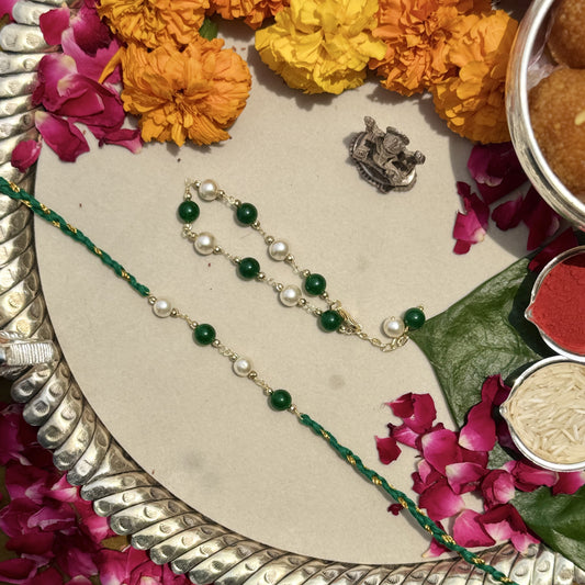 Green Onyx & Signity Pearls Rakhi Pair