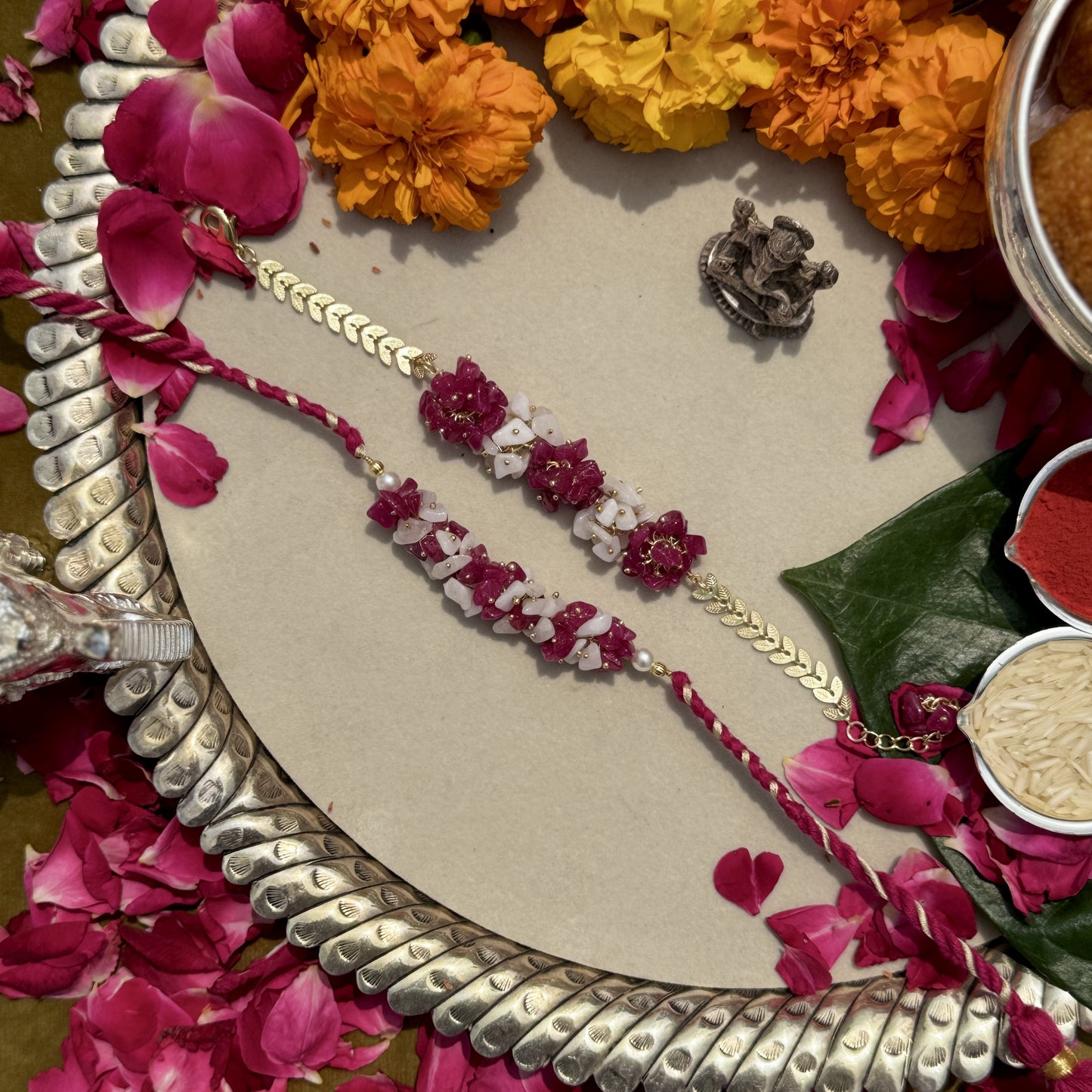 Red Aventurine, White Moonstone & Signity Pearls Rakhi Pair