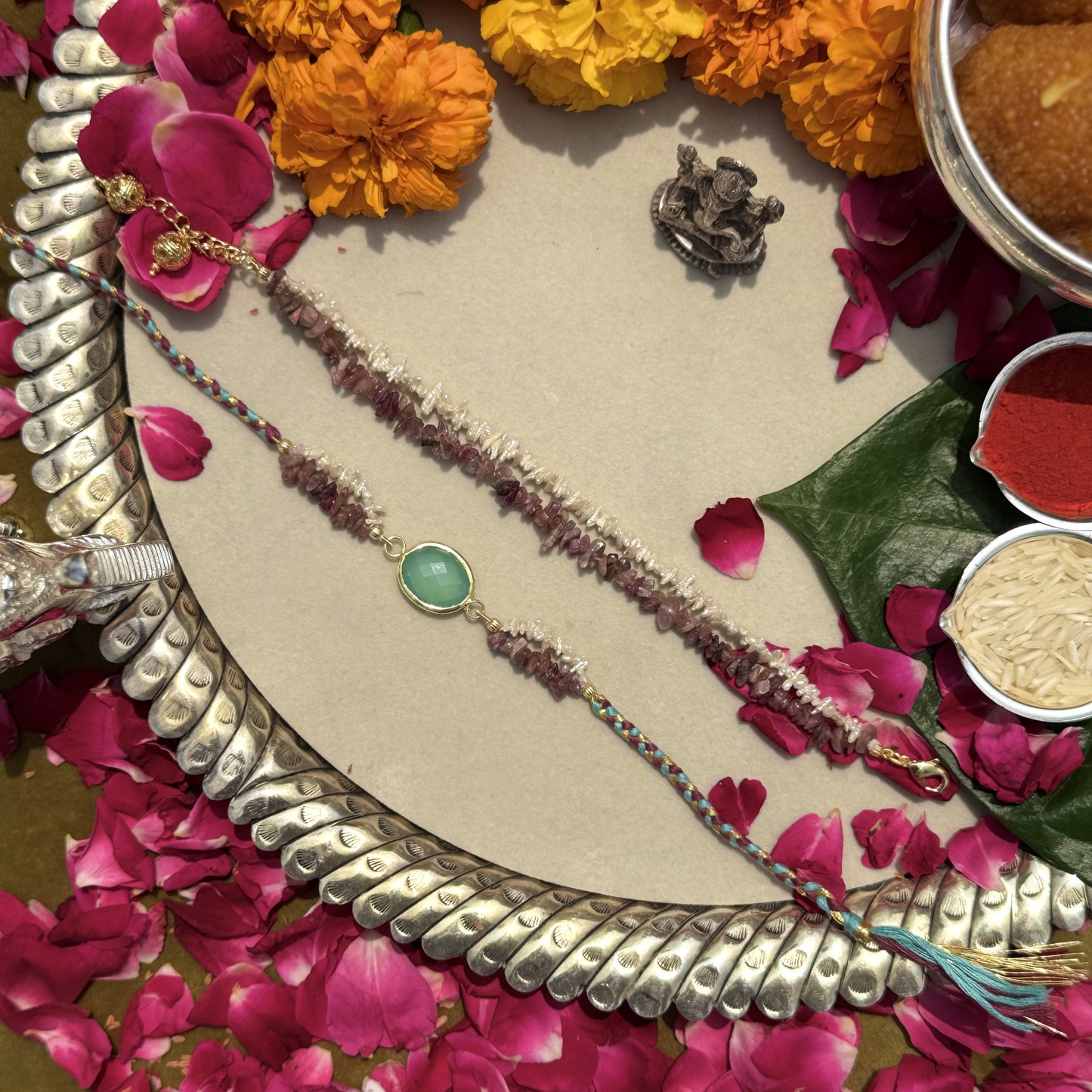 Pink Tourmaline & Rice Pearls Rakhi Pair