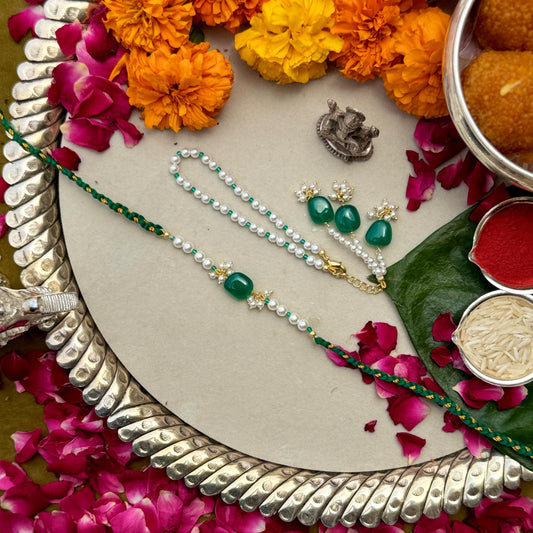 Green Onyx & Signity Pearls Rakhi Pair