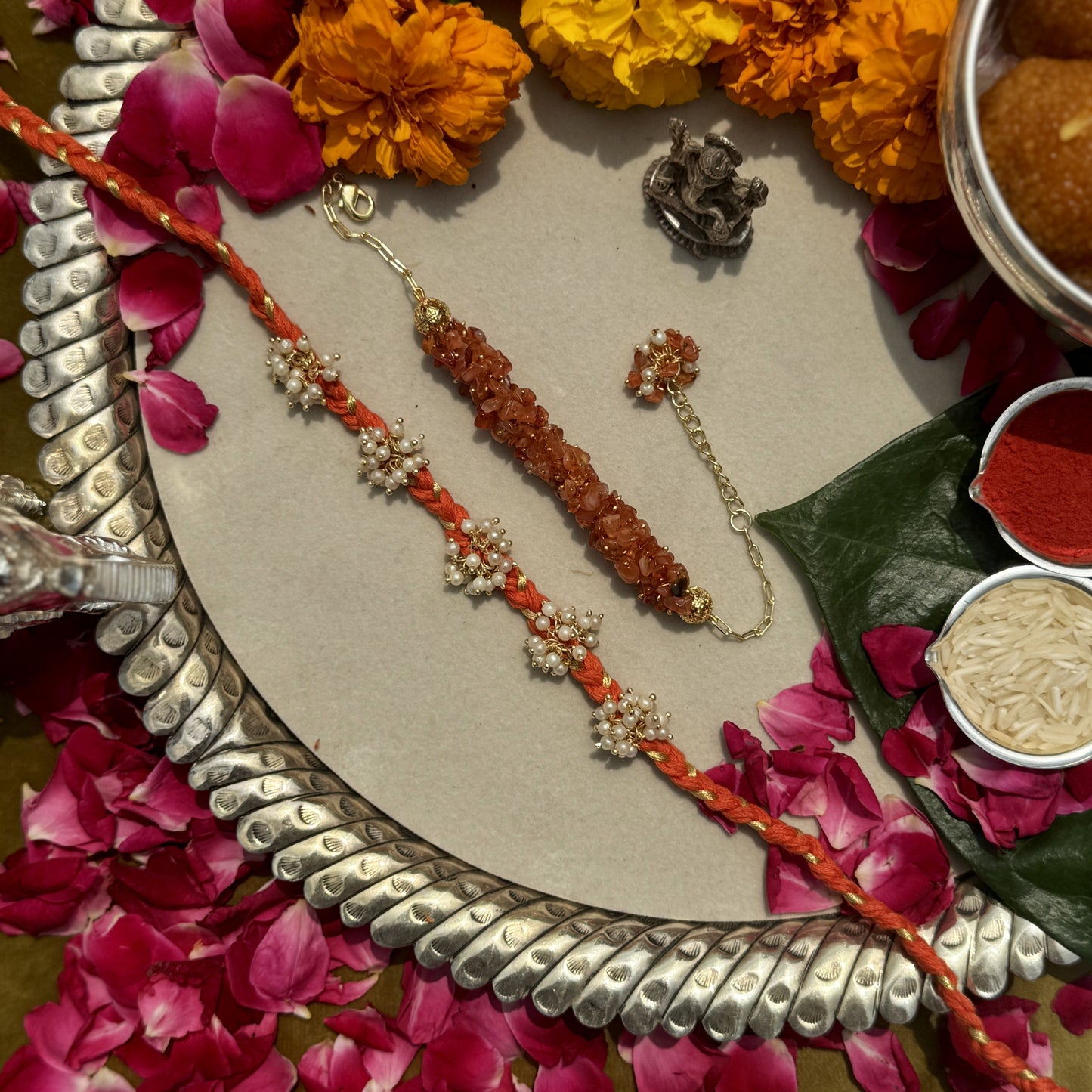Carnelian & Signity Pearl Rakhi Pair