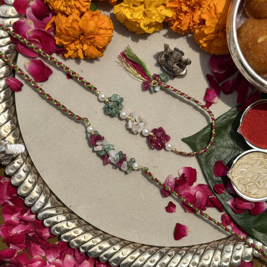 Green Jade, Red Aventurine, White Moonstone & Signity Pearls Rakhi Pair