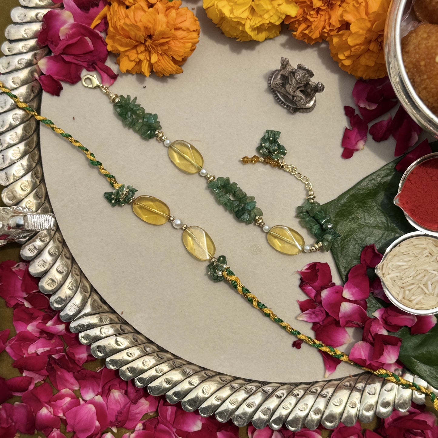 Green Aventurine, Signity Pearl & Yellow Quartz Rakhi Pair
