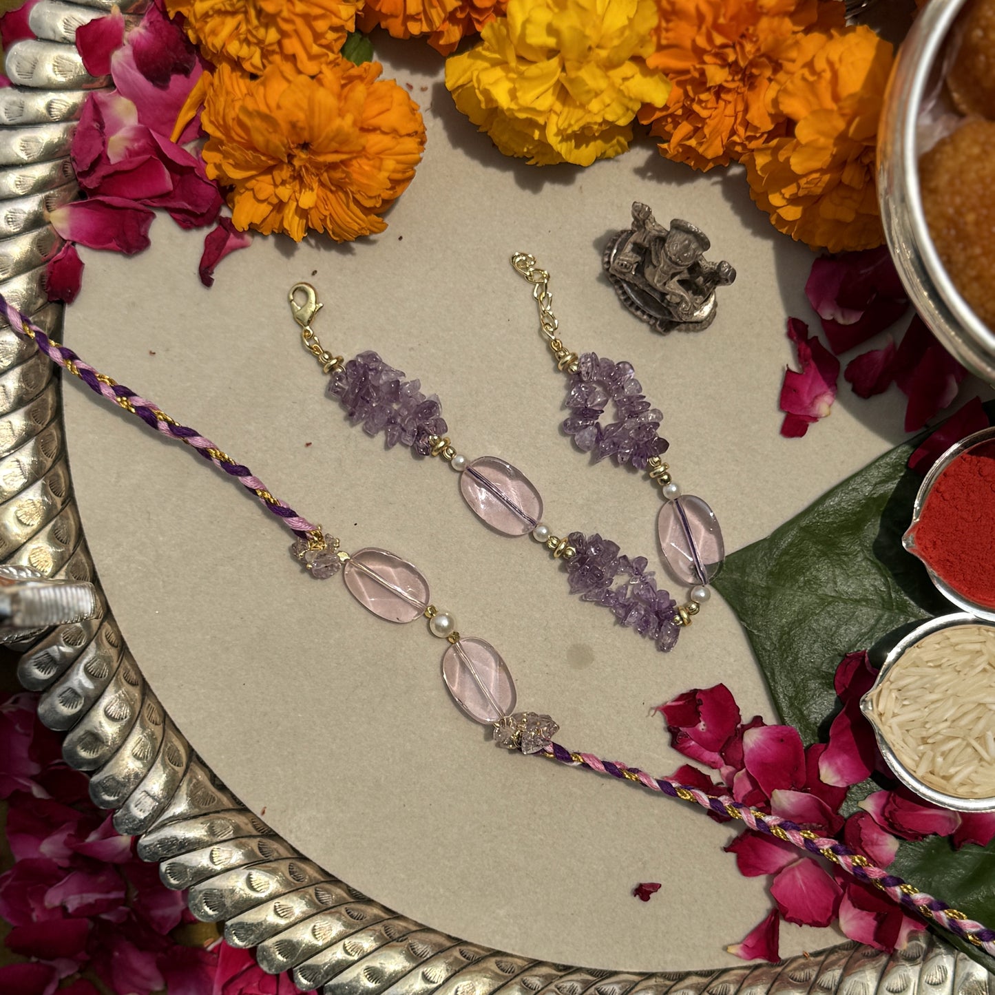 Amethyst & Pink Quartz Rakhi Pair