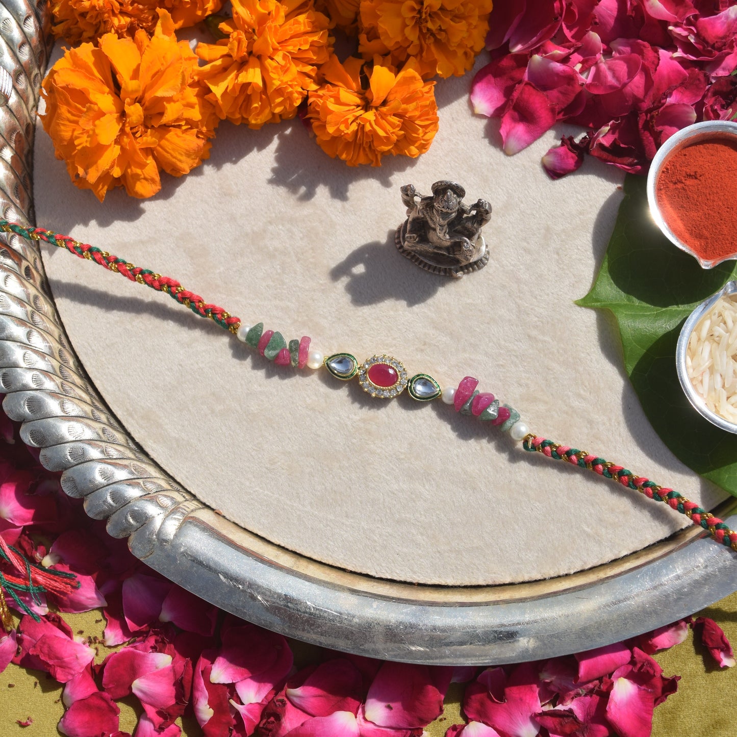 Pink Tourmaline, Green Jade & Signity Pearls Kundan Rakhi for Brother