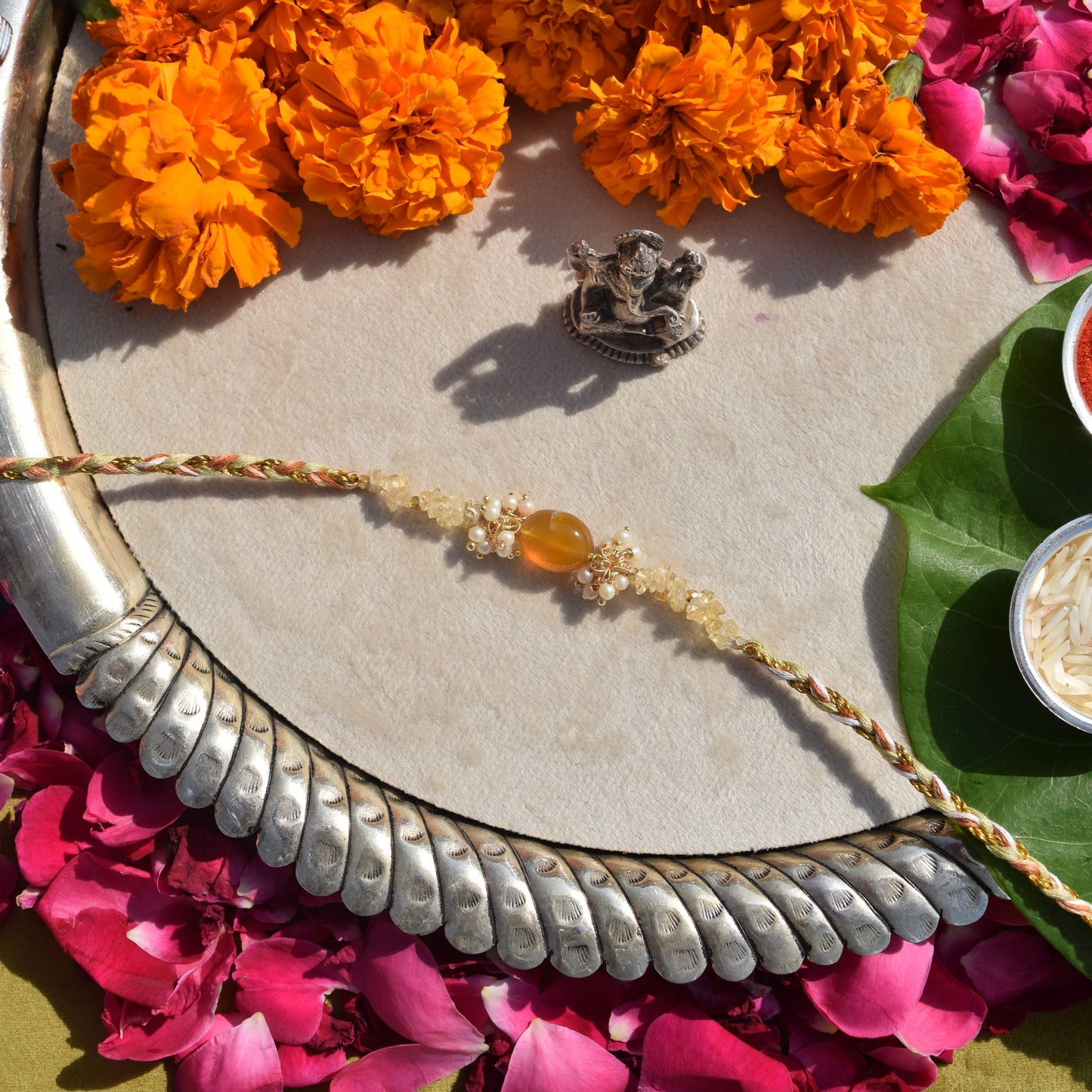 Citrine & Signity Pearls Rakhi for Brother