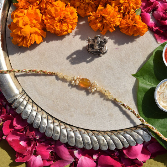 Citrine & Signity Pearls Rakhi for Brother