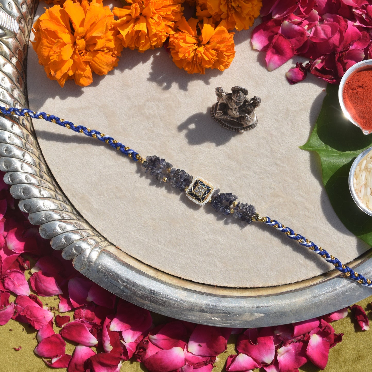 Lapis Lazuli & Signity Pearls Kundan Rakhi for Brother