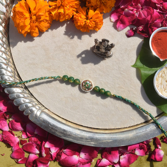 Om Green Onyx & Signity Pearls Kundan Rakhi for Brother