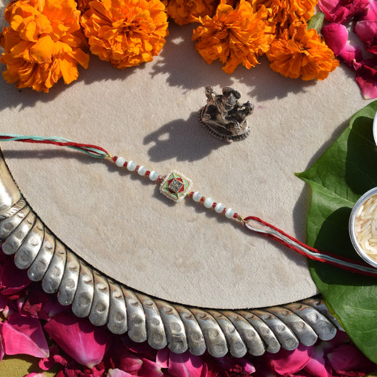 Cat's Eye, Red Quartz & Signity Pearls Kundan Rakhi for Brother