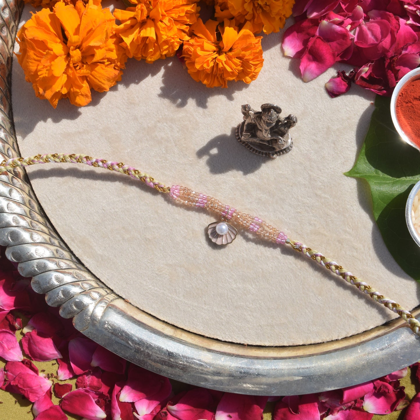 Shaded Pink & Golden Quartz with Signity Pearls Charm Rakhi for Brother