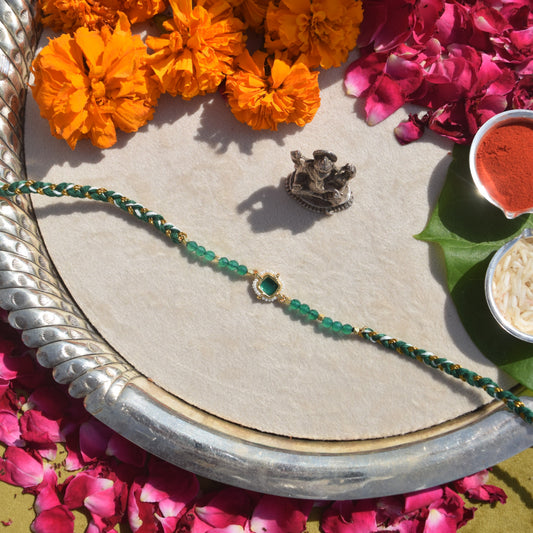 Green Aventurine & Signity Pearls Kundan Rakhi for Brother