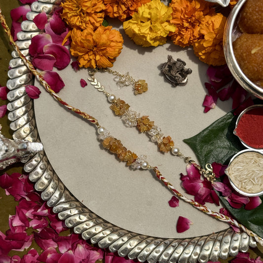 Crystal, Citrine & Signity Pearl Rakhi Pair