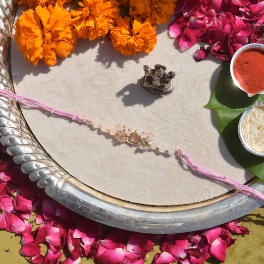 Rose Quartz & Signity Pearls Kundan Rakhi for Brother