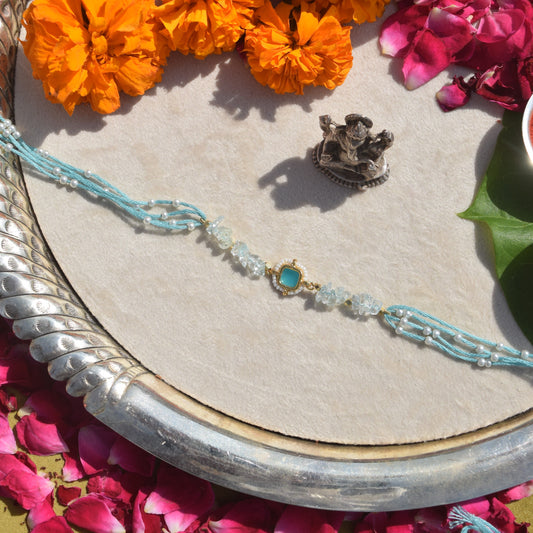 Aquamarine & Signity Pearls Kundan Rakhi for Brother
