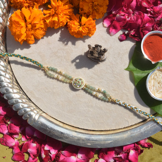 Green Quartz & Signity Pearls Kundan Rakhi for Brother