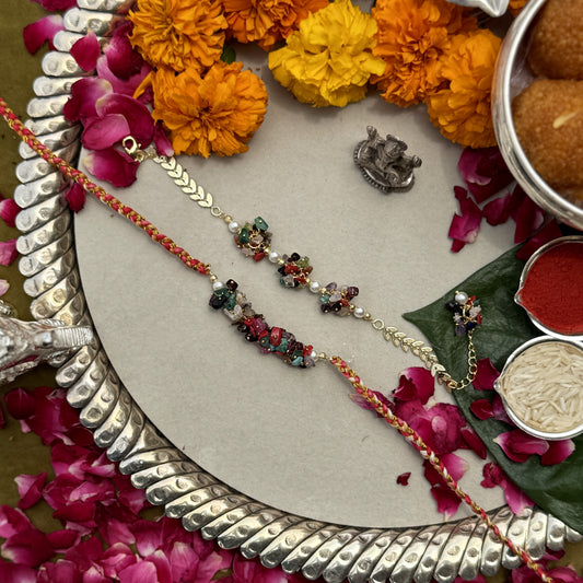 Multi Uncut Gemstones & Signity Pearl Rakhi Pair
