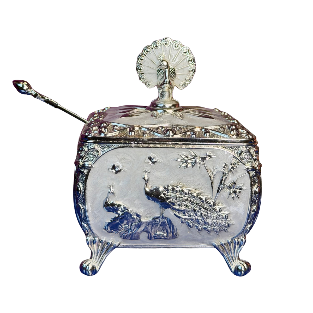 The Heritage Peacock: Pastel Silver-Plated Dry Fruit Box