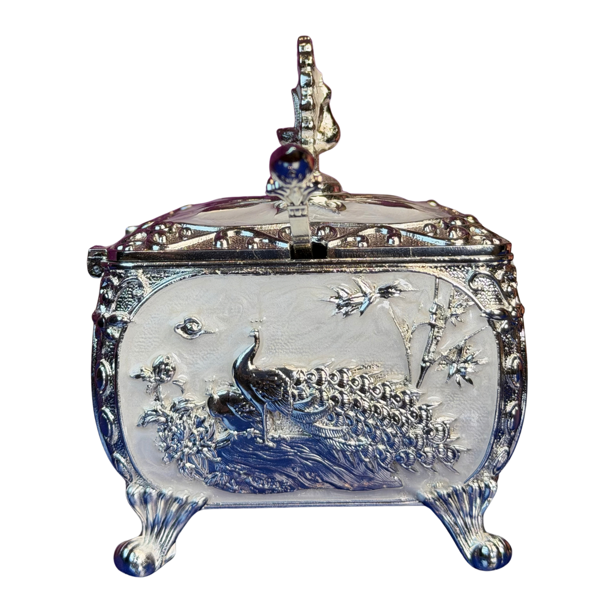 The Heritage Peacock: Pastel Silver-Plated Dry Fruit Box