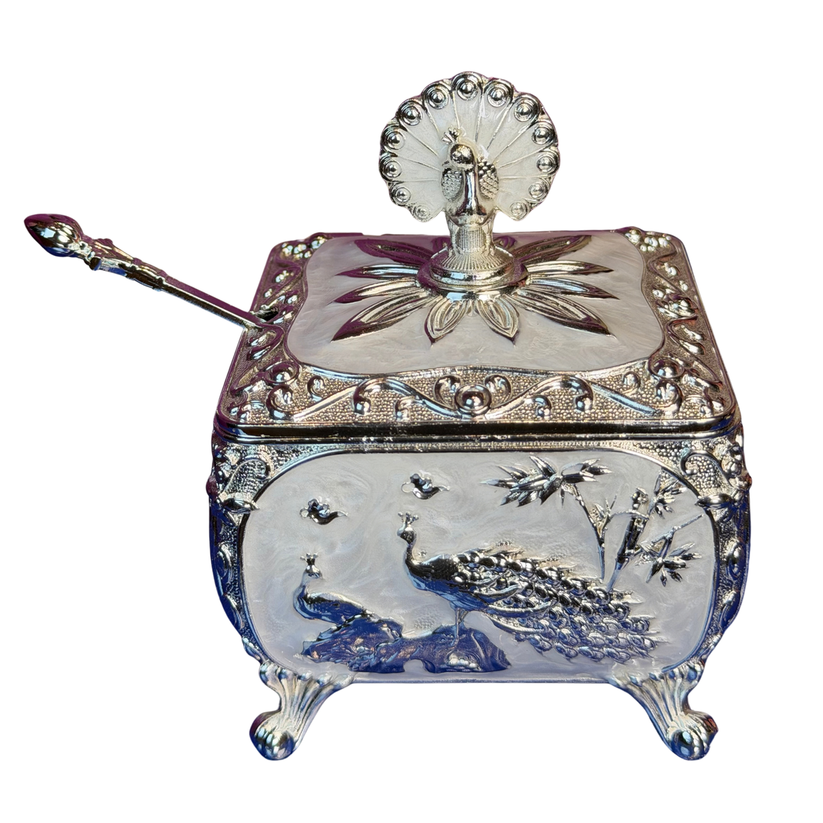 The Heritage Peacock: Pastel Silver-Plated Dry Fruit Box