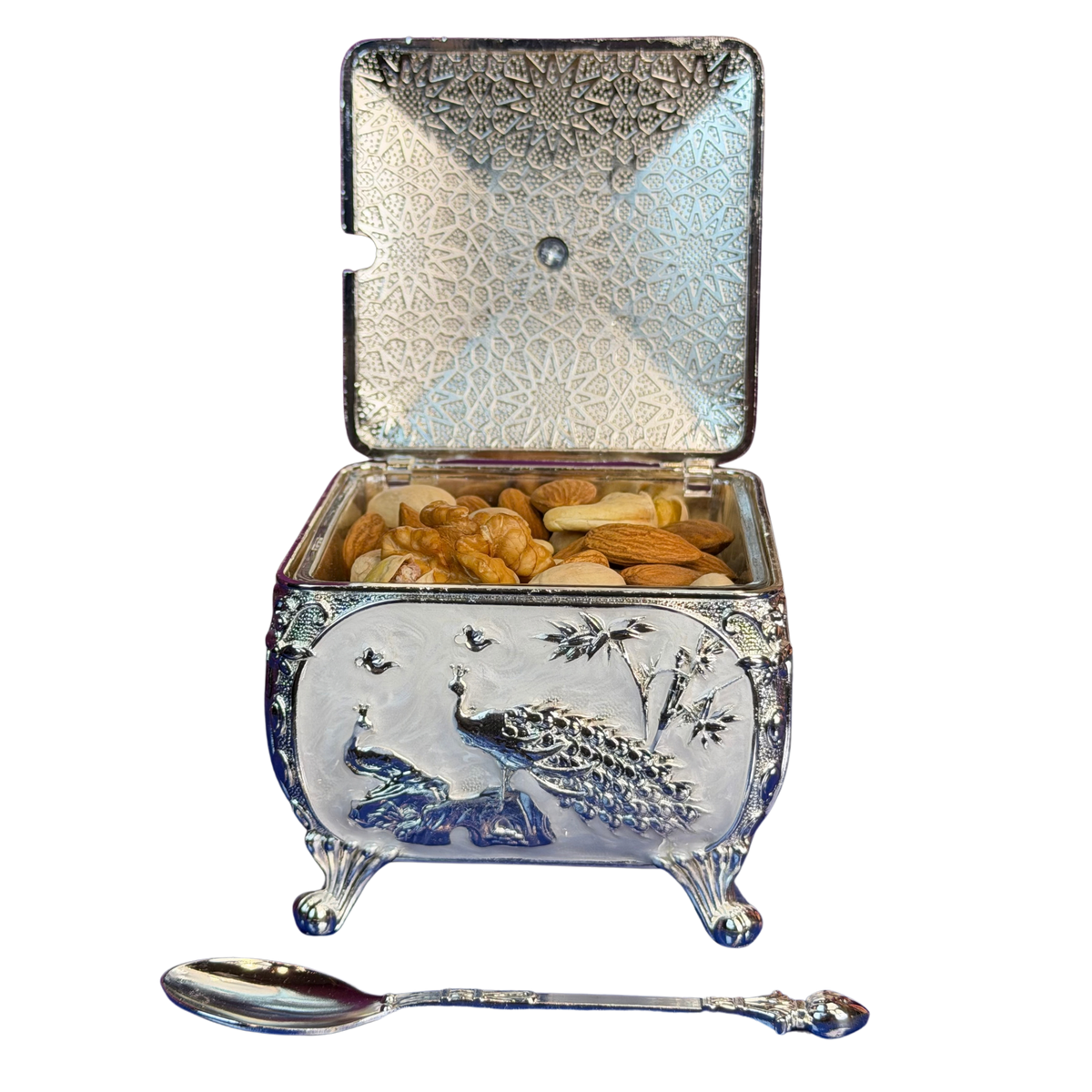 The Heritage Peacock: Pastel Silver-Plated Dry Fruit Box