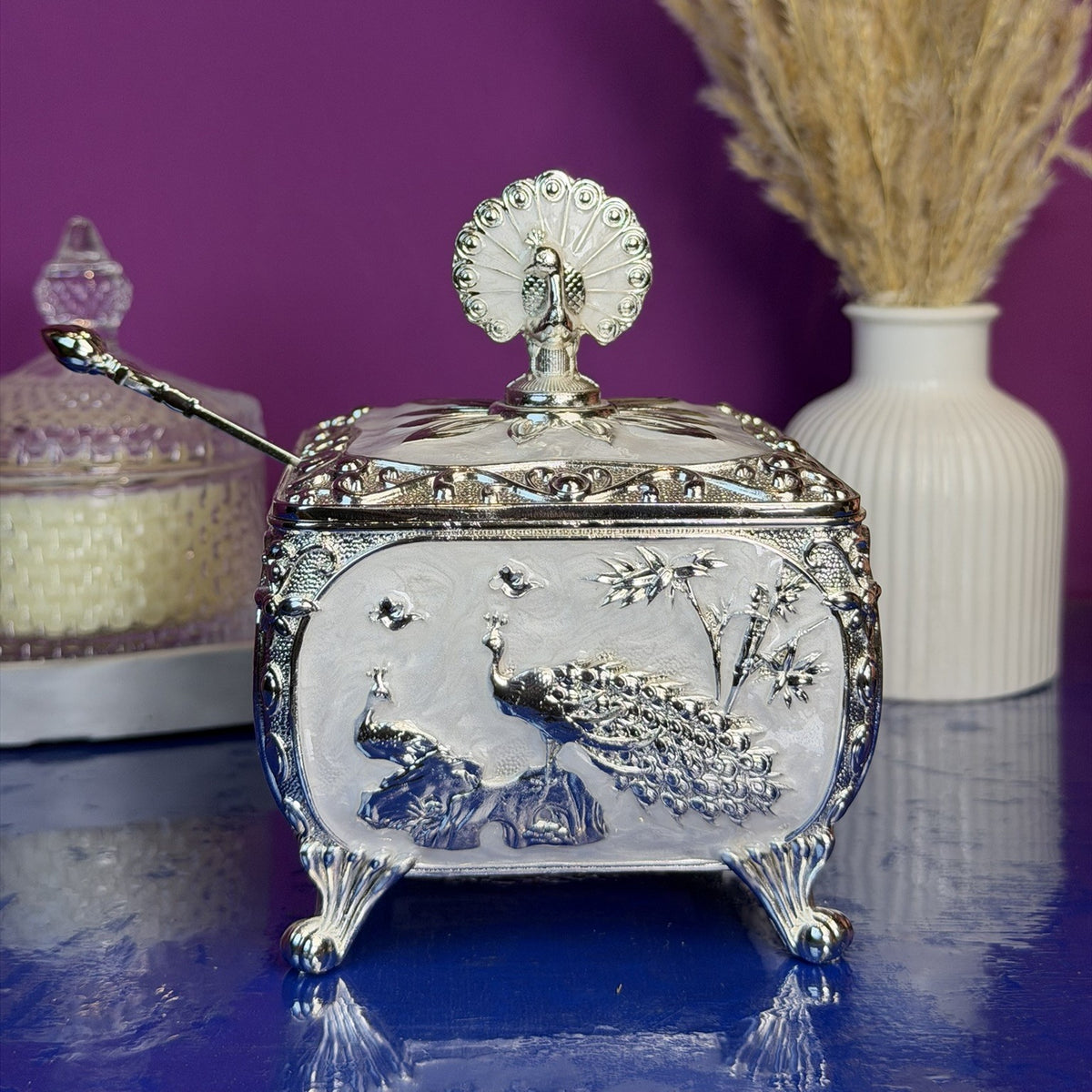 The Heritage Peacock: Pastel Silver-Plated Dry Fruit Box